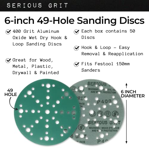 Serious Grit - 6-Inch 49-Hole P400 Grit Sanding Discs - 50 Pack Box - size: 400 Grit