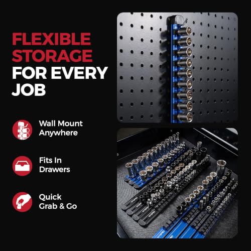 Olsa Tools 3/8-Inch Socket Organizer Rail with Locking Caps, Blue - color: Blue, size: 3/8-Inch Drive