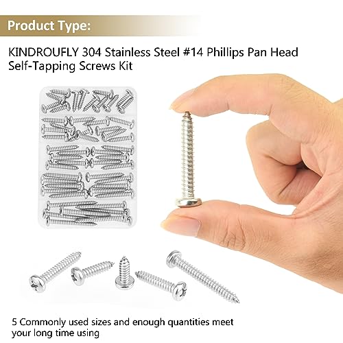 50 Pieces #14 x 3/4" 1" 1-1/4" 1-1/2" 2" Phillips Pan Head Self-Tapping Screws, Wood Screws Assortment Kit, 304 Stainless Steel - size: #14