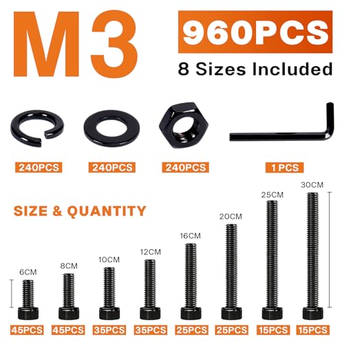 960PCS M3 Socket Head Cap Screw Assortment Kit, 6-30mm - size: M3 960pcs