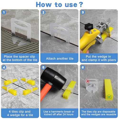 DGSL Tile Leveling System with Rubber Mallet and Tile Plier - 1000-Piece Tile Spacers 1/8 Inch Tile Clips and 200-Piece Reusable Wedges Tile Leveling Tools for Tiles and Stone Installation - size: 1/8 Inch * 1000 Clips