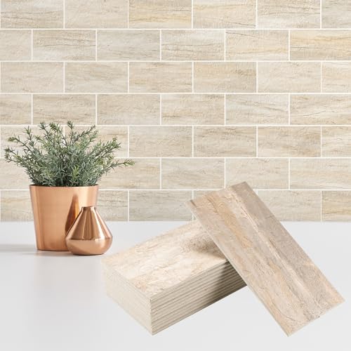StyloVue 100 Pieces Peel and Stick Backsplash for Kitchen, 3" x 6" PVC Subway Tile Upgraded Grayish Beige with Gray Grout Backsplash Stick on Tile Elevate Kitchen, Bathroom, Fireplace,RV - color: Grayish Beige