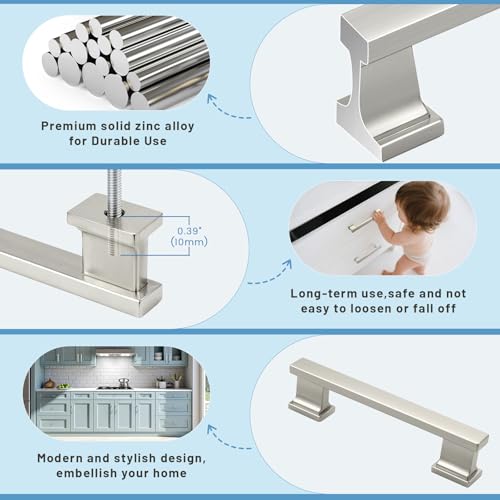 KNOBWELL 6 Pack Brushed Nickel Solid Cabinet Pulls 3-3/4 Inch(96mm) Hole Center Kitchen Cabinet Handles,Cabinet Hardware for Cupboard Drawer Pulls - color: Brushed Nickel, size: Hole Center：3-3/4 inch（96mm）