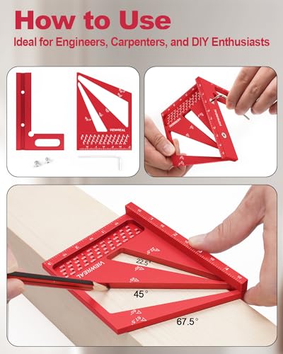 Multi-Angle 3D Measuring Ruler: 22.5/30/45/60/67.5/90 Degree Aluminum Alloy Square Ruler Protractor, Ideal for Engineer Carpenter Crafting, Drawing - color: Red