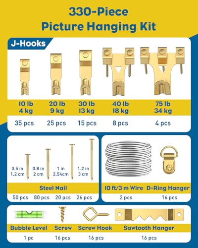 Uniclife 330 Pcs Heavy Duty Picture Hanging Kit, Picture Hanging Hooks,Gold - style: Gold