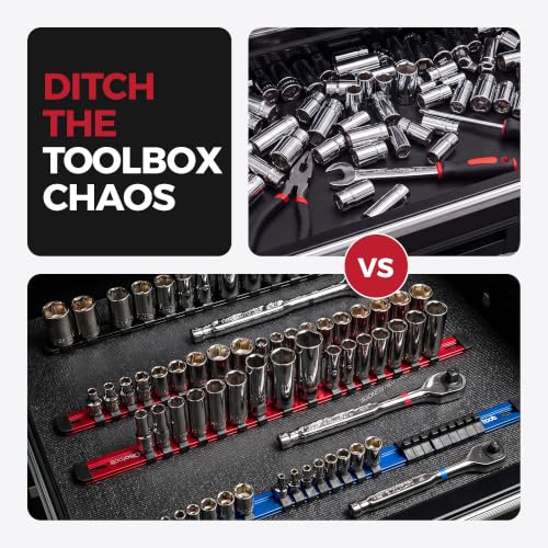 Olsa Tools 3/8-Inch Socket Organizer Rail with Locking Caps, Red - color: Red, size: 3/8-Inch Drive