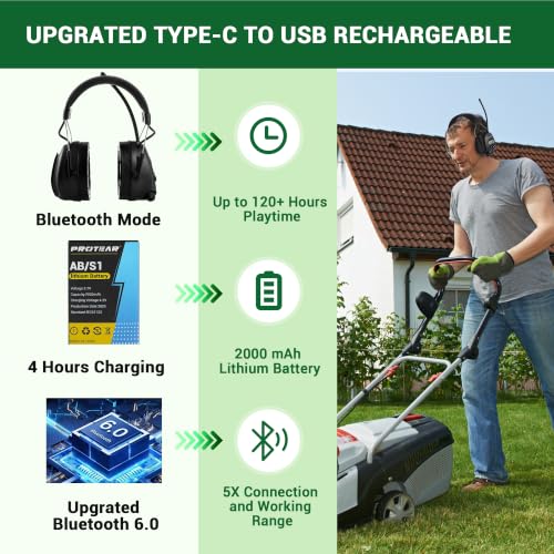 Bluetooth 6.0 AM FM Radio Headphone,Earmuff for Mowing,Construction - color: Black