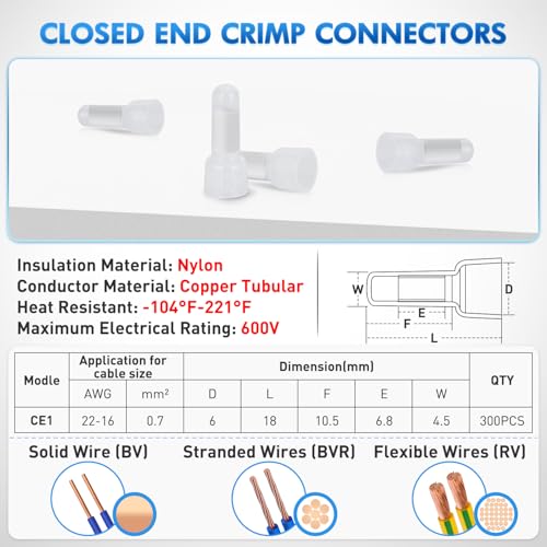 Nilight 300PCS CE1 Closed End Crimp Terminal 22-16 Gauge Nylon Insulated - color: 300PCS 22-16# Terminals