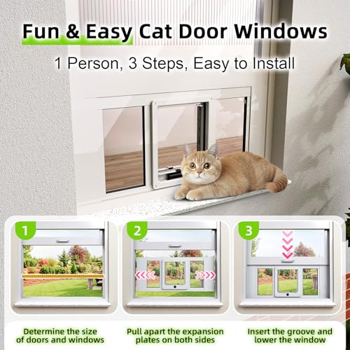 Cat Door for Window, Aluminum Cat Door Window Insert with 4 Secure Lock Modes, Magnectic Closure for Cats, Fit Window Width 24"-28", White - size: Small