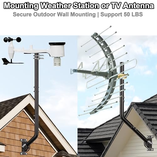 40" Heavy Duty Adjustable Antenna Wall Mount – Iron Spray Paint J-Pole Solid Mast Bracket for Starlink (Adapter Required), TV Antennas, Weather Stations – 1.38" OD Pivot Base (Black) - color: 40‘’ Long Wall Mount Black