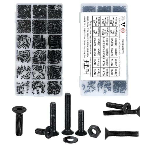 900PCS Flat Head Hex Socket Cap Screws Assortment Kit, Small M2 M2.5 M3 Bolts and Nuts Washers Set, Allen Head Machine Screws, 10.9 Grade Alloy Steel Black, Fully Threaded, Come With Hex Wrench