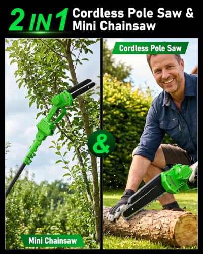 2-in-1 Electric Pole Saw 6inch Mini Chainsaw Cordless Brushless 2x4.0Ah Batteries Fast Charger Telescopic Power Pole Saw Tree Trimmer Limb Branch Cutter Pruner 16 Ft Max Reach Multi-Angle Green - color: Green-2 Batteries