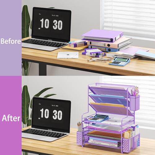 Simple Trending 7 Tier Desk File Organizer, Letter Tray Paper Organizer with Pen Holder and Metal Hanging Basket, Purple - color: 7 Tier Purple
