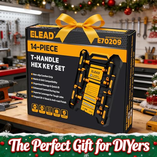 ELEAD 14-Piece T-handle Allen Wrench Set, Metric 2.5mm-10mm & SAE 1/8"-3/8" Portable Hex Key, Long Arm Allen Key Set with Storage Box for Basic Home Repair and Mechanical Maintenance - style: T-Handle Version