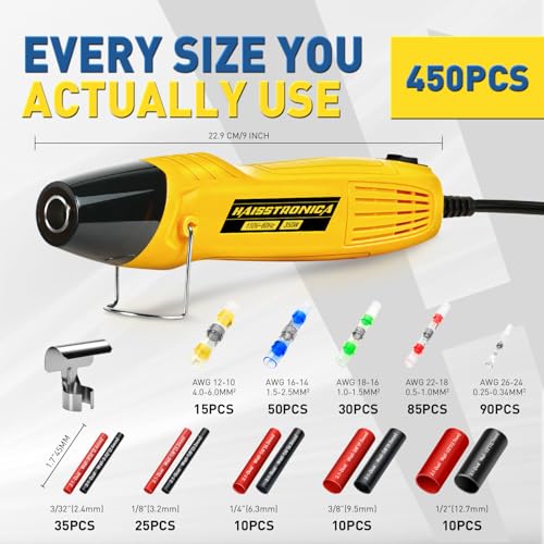 haisstronica Solder Seal Connectors and Tubing Kit, Mini Heat Gun, 450PCS - size: 450PCS