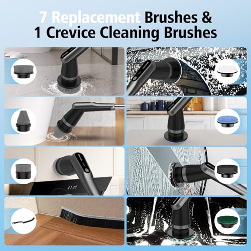 Electric Spin Scrubber, 10-in-1 Shower Scrubber & Retractable Long Handle, 44 lbs High-Torque & Variable Speed Shower Cleaning Brush for Bathroom,Toilet, Bathtub, Kitchen, Tile Floors, - color: Black