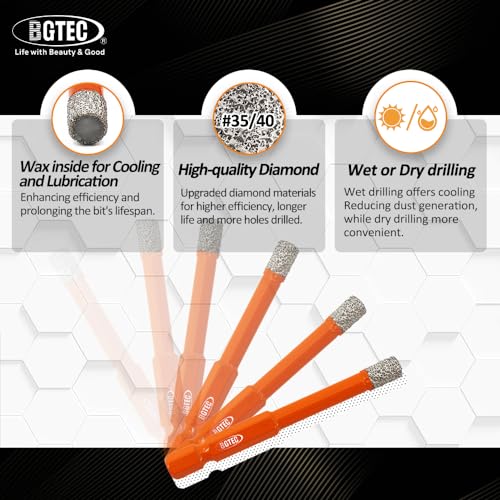 BGTEC Dry Diamond Drill Bit Set 5PCS 1/4" Tile Hole Saw & Carbide Bits - size: Set 1