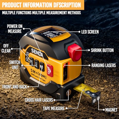 SENDA 3-in-1 Laser Tape Measure - 197Ft Digital Measuring Tape with Led Display&16Ft Measuring Tool with Magnetic Hook & Auto Lock - Pythagorean, Area, Volume, Ft/Ft+in/in/M Unit,AAA Battery*2, Yellow - color: Yellow(Battery Model), size: 197 FT
