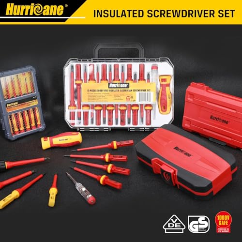 HURRICANE 13 Piece 1000V Insulated Electrician Screwdriver Set, Cr-V Magnetic Tip. 4 slotted, 2 Phillips, 2 Pozidriv, 3 Torx, 1 Electroprobe, and 1 handle. Ideal for Professional & Home Repair - size: 13 Piece Basic Insulated Screwdriver Set