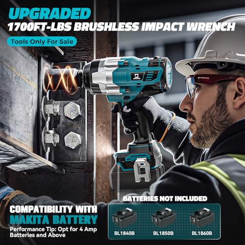 Cerycose Cordless Impact Wrench 1/2 inch Compatible with Makita 18V Battery: 1700FT-LBS High Torque Impact Wrench Heavy Duty Tool - Brushless Electric Impact Gun Includes LED Work Light with 6 Sockets - size: 1/2inch, style: Fit for Makita（include 6 Socke