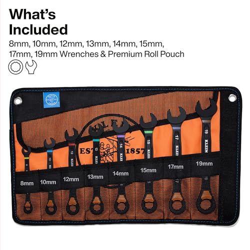KLEIN TOOLS 69508M Metric Ratcheting Combination Wrench Set, 8-Piece, Slide-Lock 90-Tooth Ratchet, I-Beam Handle, Color-Coded Size Markings, Roll Pouch Storage - size: Slide Lock, Metric