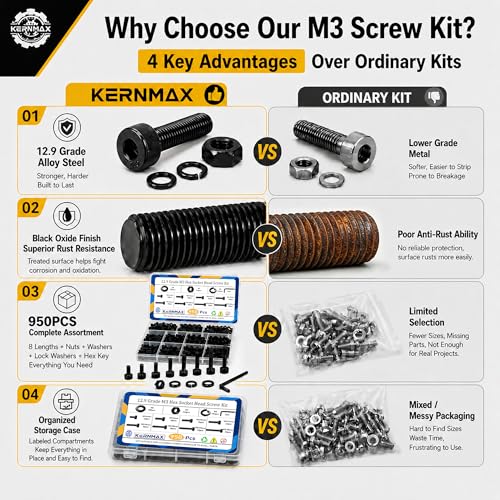 950PCS M3 Screws Assortment Kit, M3x6/8/10/12/16/20/25/30mm Hex Socket Head Cap Bolts Nuts Washers Set, 12.9 Alloy Steel Black Oxide M3 Metric Screw for 3D Printer, Electronic - size: M3 950pcs