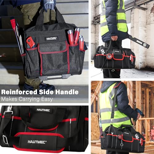 HAUTMEC 2-Piece Rolling Tool Bag Set, 15" Wheeled Tool Bag & Wide Mouth Tool Tote, Heavy-Duty Tool Storage Organizer with Durable Off-Road Wheel, Steel Telescoping Handle & Shoulder Strap – HT0288 - style: 2-Pcs Set | Black