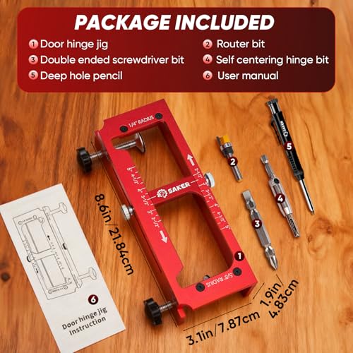 Saker Door Hinge Jig and Deep Hole Pencil Set,Aluminum Alloy Doors Hinges Router Jig,Adjustable Doors Jamb Hinge Jigs,Fits Door Hinges from 2.5" to 5" Length and Thicknesses,Radius 1/4” or Radius 5/8” - size: Door Hinge Jig and Deep Hole Pencil
