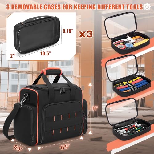 Marscamd Tool Bag with 3 Removable Cases, 2 Layers Tool Tote for Hand Tools - color: Black with Red Binding