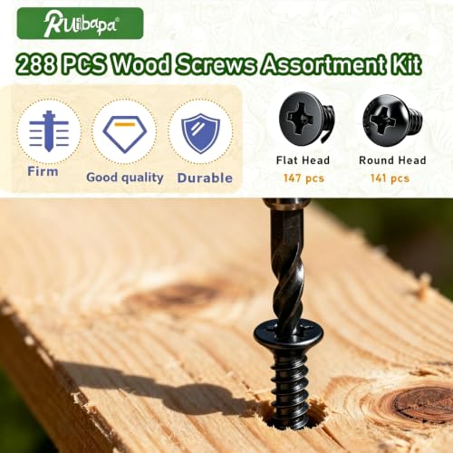 288PCS Black Screws Assortment Kit,Self Tapping Wood Screws #4/#6/#8/#10 Screw Assortment Kit,Round Head Screws Length 3/8" to 2",Sheet Metal Screws Assorted - size: 288PCS-BK