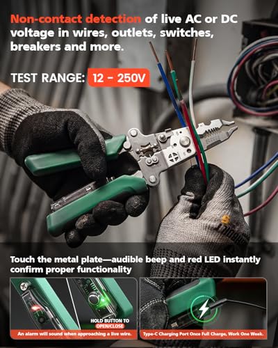 16-in-1 Wire Stripper 20–4/0 AWG with 12-250V Voltage Tester & Alarm Rechargeable Heavy Duty Foldable Wire Stripper Crimper, Cutter for Home Use, Electrical Repairs, DIY