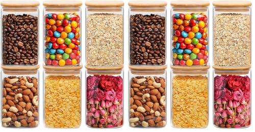 ComSaf 1.2 QT Glass Storage Containers with Lids, Glass Jars with Lids, Clear Food Jar, Square Canister Set of 6, Pantry Organizers and Storage for Cookie Flour Oat Pasta Tea Coffee Bean (Pack of 2) - size: 1.2Qt*6 (Pack of 2)