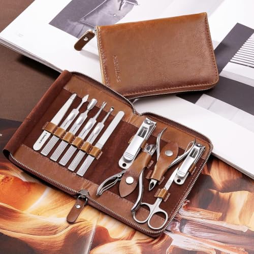 FAMILIFE Stainless Steel Manicure Set 11-in-1 Professional Nail Clipper Kit | Portable Leather Travel Case, Pedicure & Grooming Tools for Fingernails & Toenails, Luxury Gifts Set for Men & Women, Brown - color: Brown