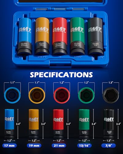 OMT 1/2" Drive Lug Nut Socket Set, Metric And SAE Wheel Socket Set, 5pc - size: 17 19 21 mm & 13/16 7/8 inch, style: Standard