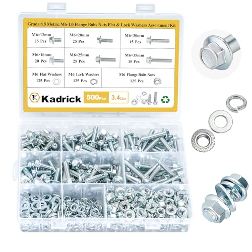 Kadrick 500Pcs Flange Hex Bolts and Nuts Kit,M6 x1.0 （M8 x1.25 M10-1.25 Available） (12mm to 35mm) Metric Bolt Assortment,Alloy Steel Class 8.8 Zinc Plated - size: 500Pcs M6 FLANGE HEX Zinc