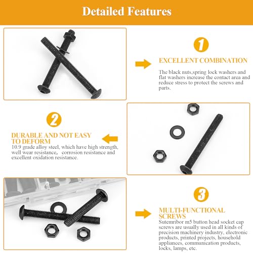 M5 Button Head Socket Cap Screws Nuts Washers Set - 105 Pieces 30/35/40/45/50mm 10.9 Grade Alloy Steel Fully Threaded Black Assortment Kit - size: M5 x 30-50mm, style: Button Head