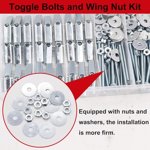 192Pcs 1/8 Inch Toggle Bolts, Heavy Duty Drywall Anchors and Screws Kit, Butterfly Anchors Toggle Bolts and Wing Nut Kit with Nuts Washers for Hollow Wall, Ceiling (48 Sets) - color: Silver - 1/8"