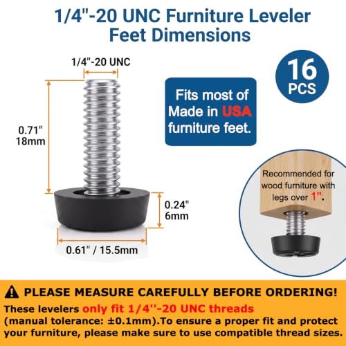 16 PCS 1/4-20'' Threaded Furniture Levelers, Adjustable Screw in Leg Glides - size: 1/4-16Pcs
