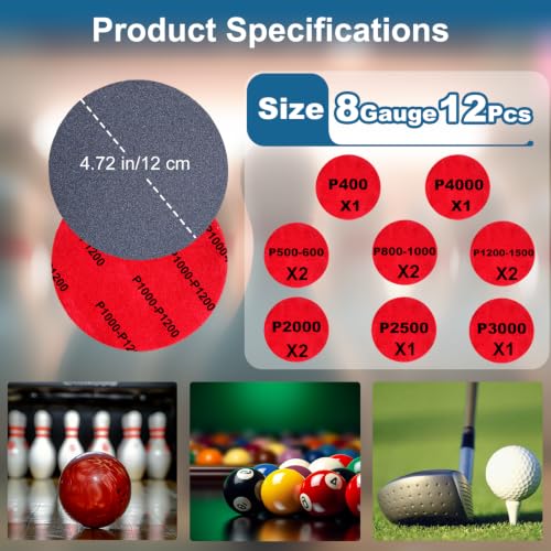 12 PCS Bowling Ball Sanding Pads, Bowling Sanding Pads Polishing Cleaning Kit, Bowling Ball Polish Pad Grit 400, 500-600, 800-1000, 1200-1500, 2000, 2500, 3000, 4000 for Ball Resurfacing Polishing Kit