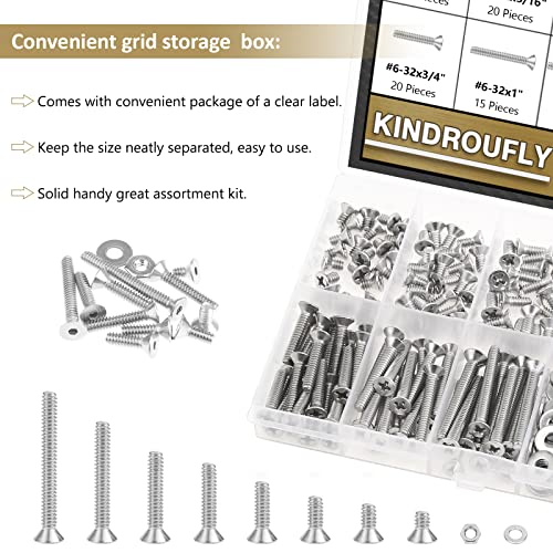252 Pieces #6-32 x 1/4", 5/16", 3/8", 1/2", 5/8", 3/4", 1", 1-1/4", Countersunk Head Socket Cap Screws Nuts Washers Assortment Kit, 304 Stainless Steel, Fully Machine Thread - size: #6-32, style: Countersunk Head