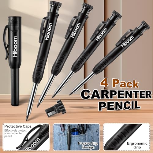 Hiboom 4 Pack Carpenter Pencil with 36 Refills Built In Sharpener (Black) - color: Black