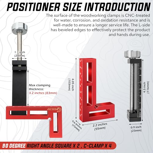 Go Fast Tools™ - Corner Clamps for Woodworking - Durable & Versatile 90 Degree Right Angle Clamps, Pack 2" x 4" Aluminum Positioning Squares with 4 C-Clamps for Cabinets, Frames, and Drawers