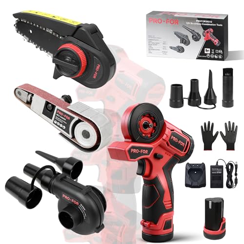 12V Brushless Combination Power Tool Kit, 3-in-1 Cordless Multi-Head System with Mini Chainsaw, Belt Sander, Blower, Interchangeable Heads for DIY & Home Workshop