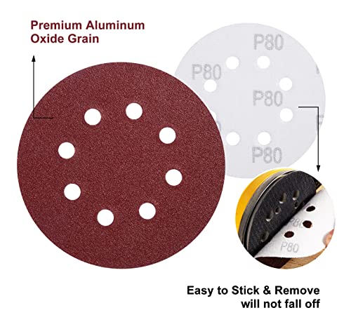 S SATC 150 PCS Sanding Discs 80 Grit Hook and Loop 5 Inch 8 Hole Adhesive Sandpaper for Woodworking and Automotive - style: 150PCS 5 Inch 80 Grit
