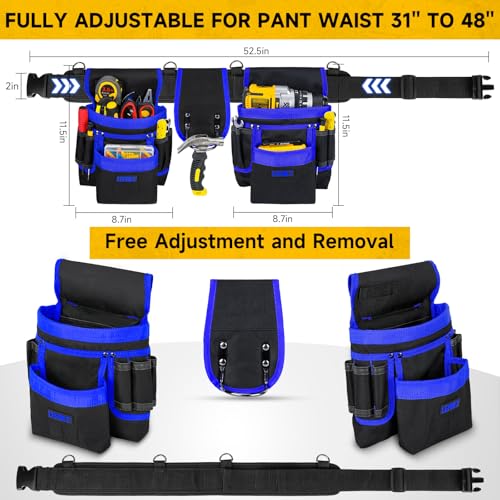 Tool Belt with 4 D-Rings,27-Pockets Tool Belts for Men,Construction - color: Blue & Black, size: 27 Pockets with Magnet Pouch