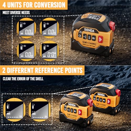 SENDA 3-in-1 Laser Tape Measure - 197Ft Digital Measuring Tape with Led Display&16Ft Measuring Tool with Magnetic Hook & Auto Lock - Pythagorean, Area, Volume, Ft/Ft+in/in/M Unit,AAA Battery*2, Yellow - color: Yellow(Battery Model), size: 197 FT