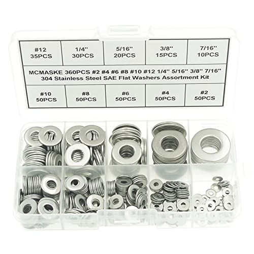 360PCS #2 to 7/16" 304(18-8) Stainless Steel SAE Flat Washers Assortment Kit,for #2#4#6#8#10#12 1/4" 5/16" 3/8" 7/16" Screws/Bolts