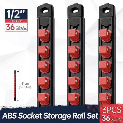 Reniteco Magnetic Socket Organizer, 3-Piece 1/2-Inch Drive ABS Sockets Rail, Heavy Duty Sockets Holder, Socket Rack Kit 1/2-Inch x 42 Clips - color: Red, size: 3 Pcs 1/2" DR