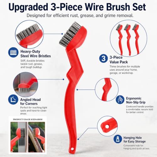 3 Pcs 7" Stainless Steel Wire Brushes - 50% Denser Than Standard Brushes - for Heavy-Duty Cleaning: Grill Grates, Uncoated Pans, Rust Removal, Deburring & Metal Cleaning,Deep Detailing Cleaning
