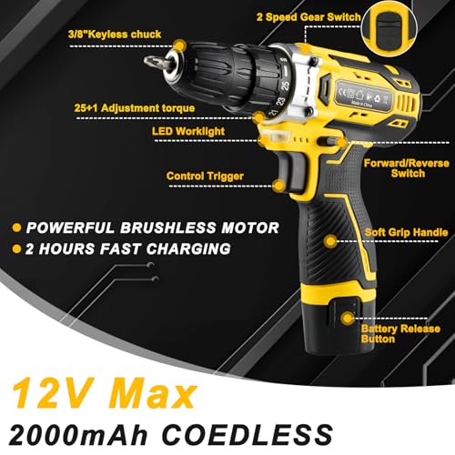 TLGREEN 138-Piece Tool KIT with 12V Cordless Drill and Case, Yellow - color: Yellow